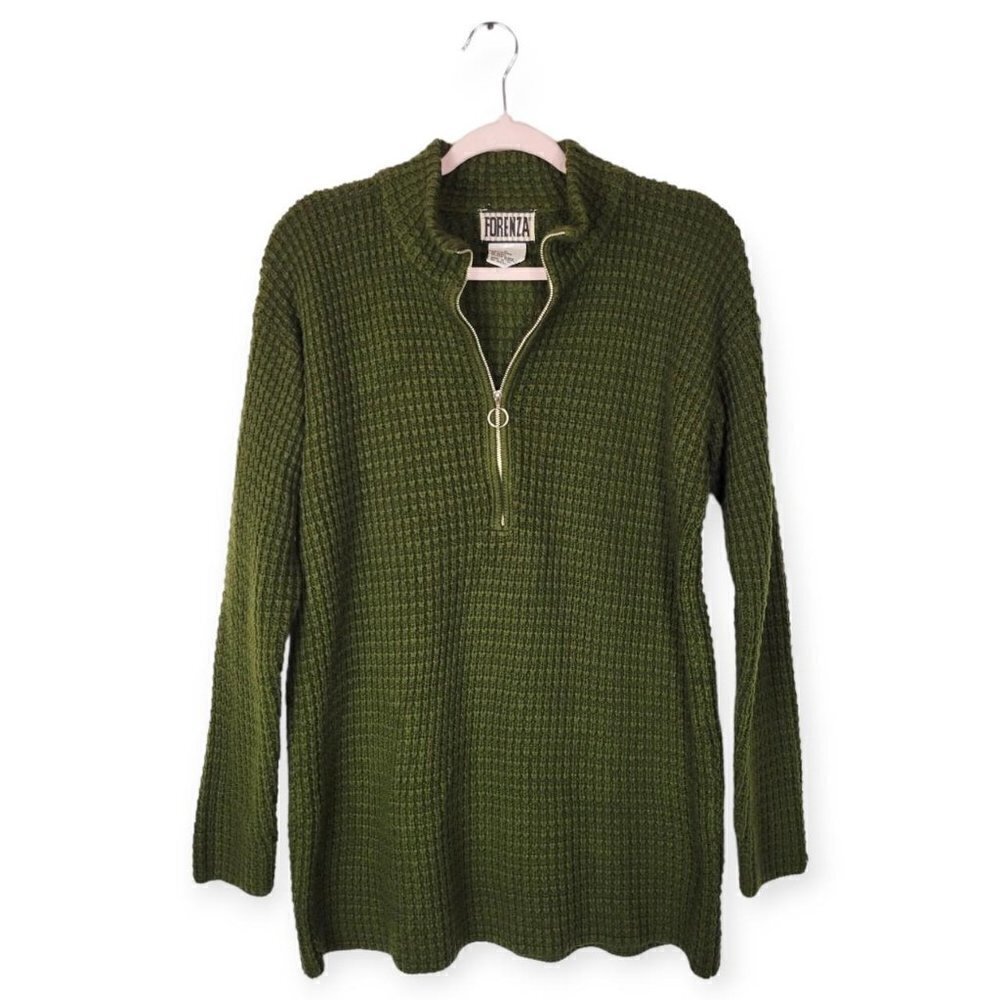 Vintage Forenza Forest Green Chunky Waffle Knit Long Oversized Quarter Zip Sweat